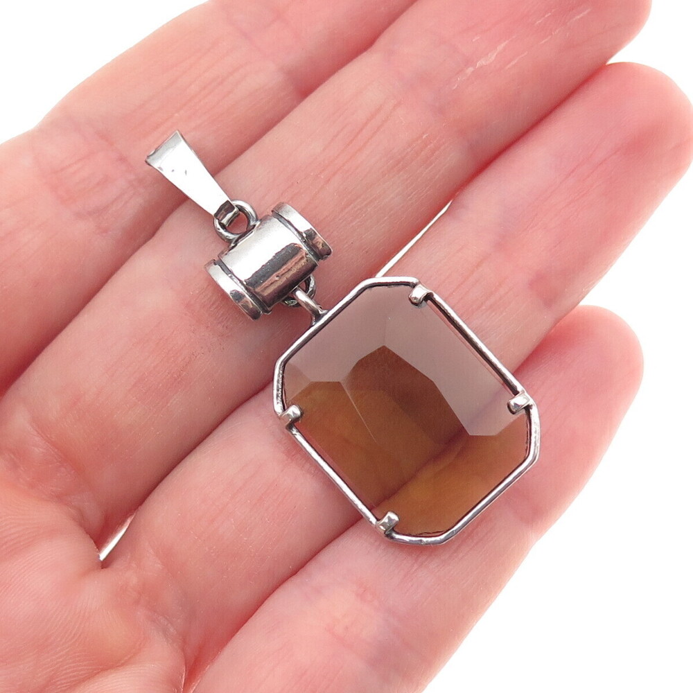 925 Sterling Silver Vintage Real Smoky Quartz Oxidized Charm Pendant